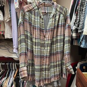 Free People Plaid Long Sleeve Button Down Swing Top